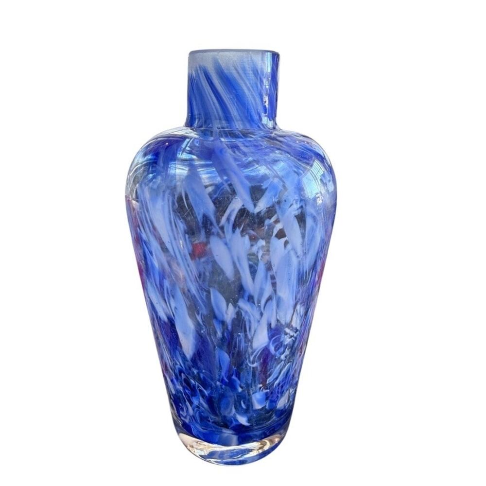 Hand Blown Cased Art Glass Vase Murano Style Cobalt Blue White Coastal Boho MCM